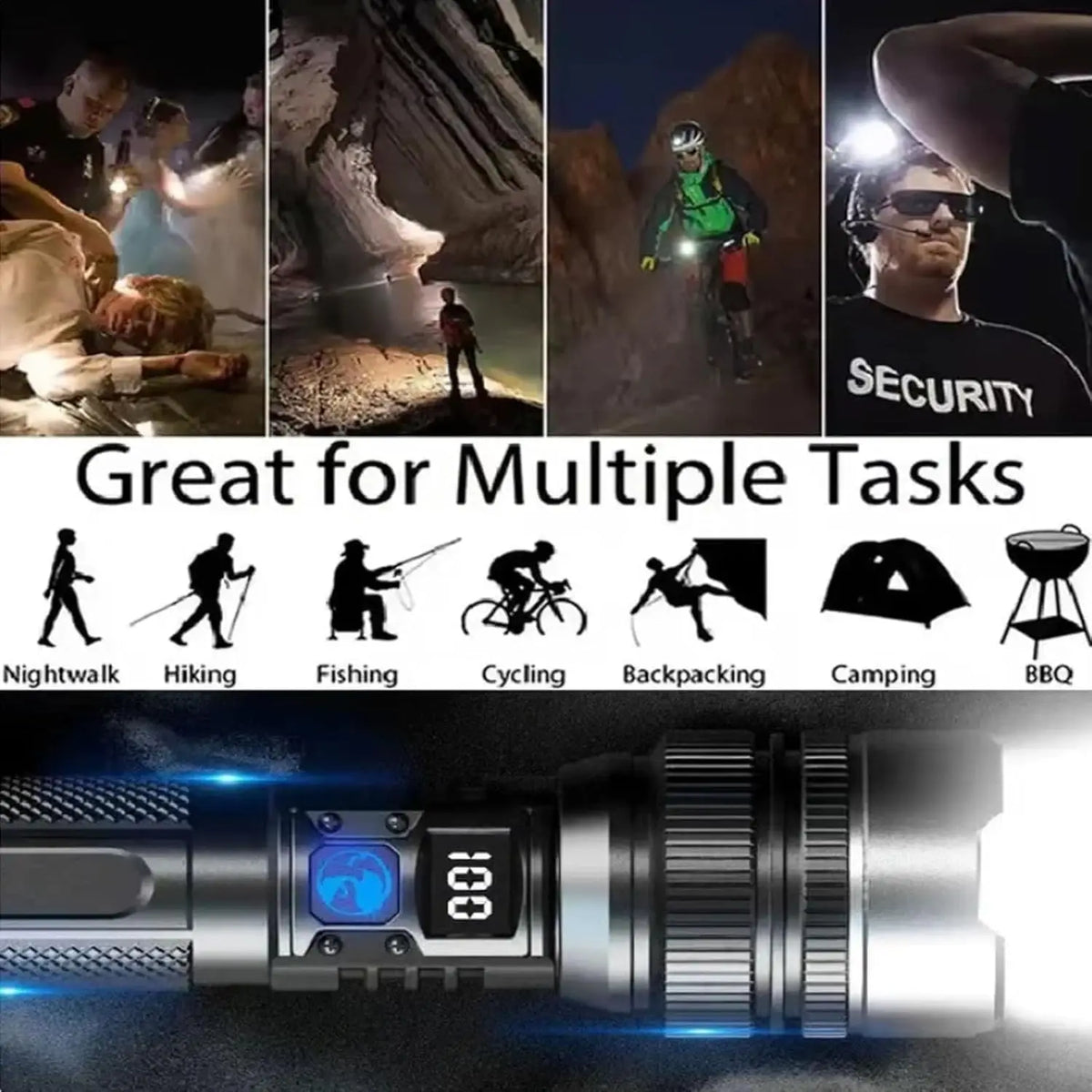 Powerful LED Flashlight Type-C Rechargeable Zoomable Torch with Digital Display Handheld Flashlights Power Bank for Outdoor Use