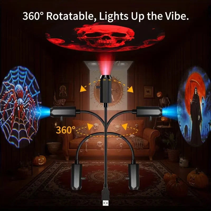 USB Halloween Projector Light 6-Pattern Adjustable LED Night Light for Halloween Christmas Atmosphere Mood Light Room Decoration