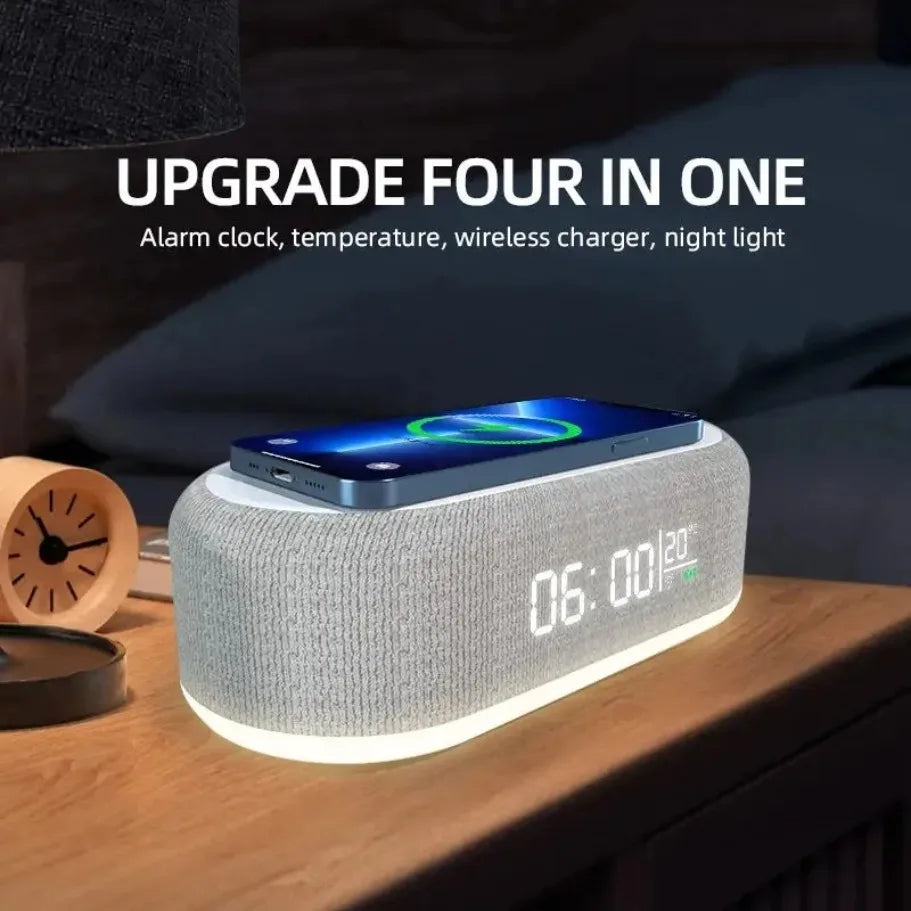 Alarm Clock Wireless Chargers Pad Phone Bedroom Lamp Night Light Desk Thermometer For iPhone 17 16 15 14 13 Fast Charging Dock