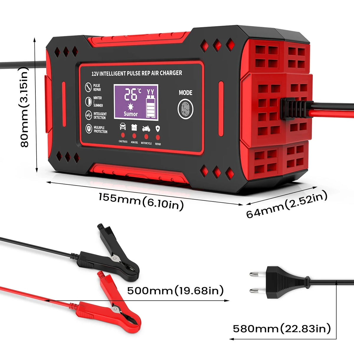 Charger Car and Motorcycle Battery Charging Unit Lead-Acid Battery Repair LCD Display 6A 12V Intelligent Car Battery