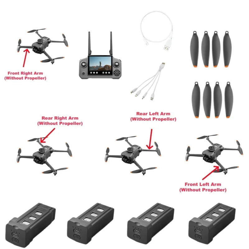 GT60 Drone Accessories Battery 3.7V 2650mAh Drone Motor Arm Propeller USB Line 4-in-1 Line 4.3-inch Screen Remote Control Parts
