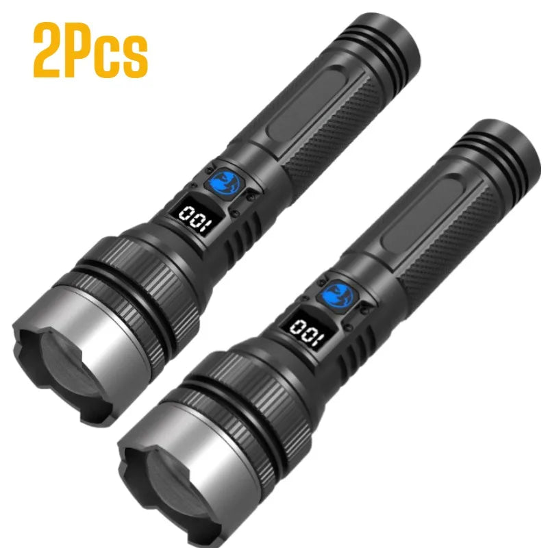 Powerful LED Flashlight Type-C Rechargeable Zoomable Torch with Digital Display Handheld Flashlights Power Bank for Outdoor Use