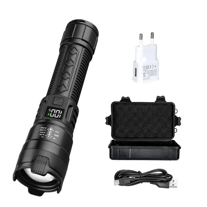 High Power 2000LM LED Flashlight Built-in Battery USB Rechargeable Strong Light Tactical Torch Outdoor Camping Hiking Lantern