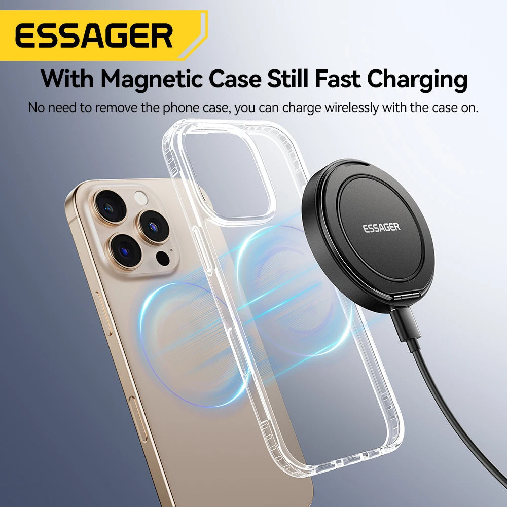 Essager Magnetic Wireless Charger With Holder 15W Fast Charging For iPhone16 15 14 13Pro Max Airpods Mini Wireless Phone Charger