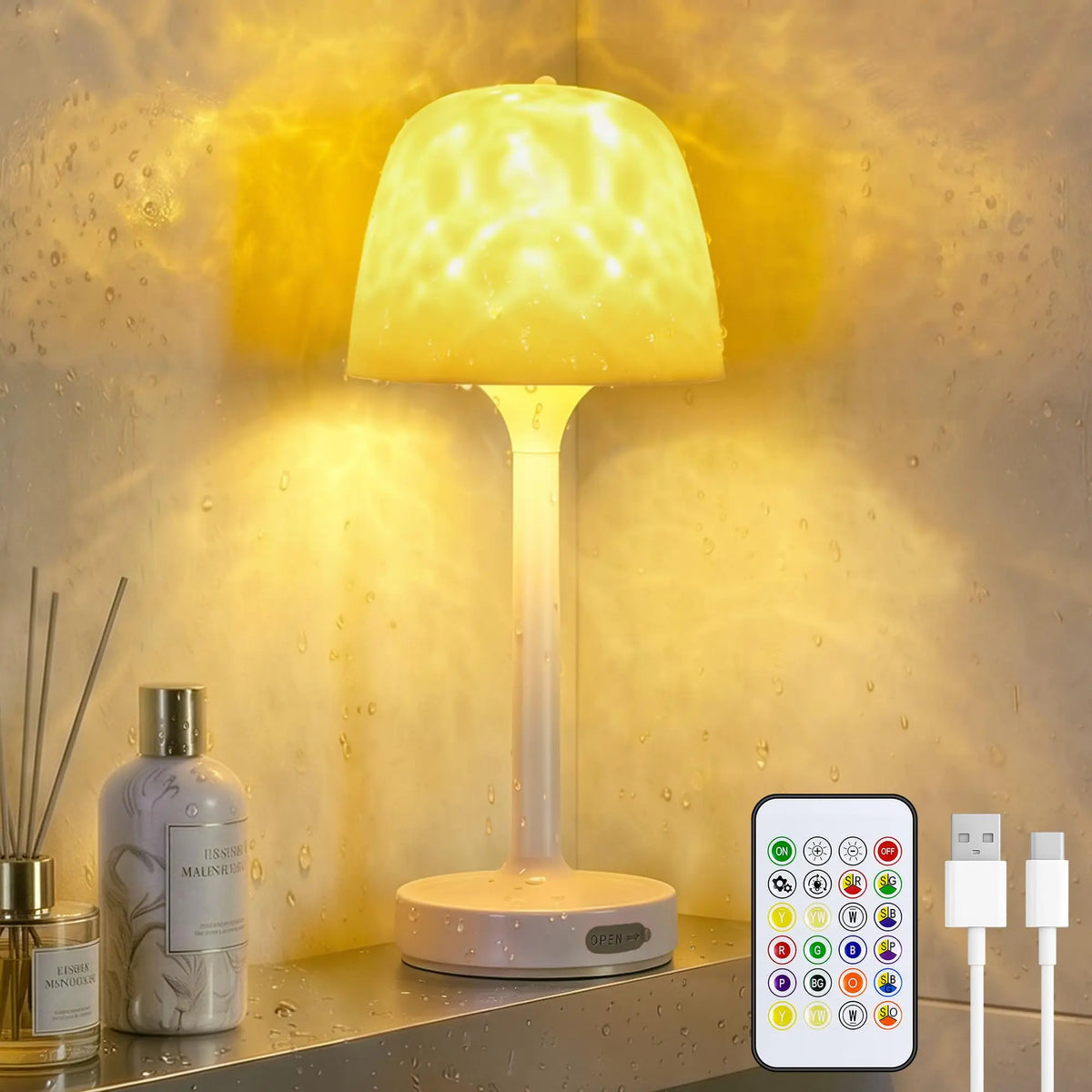 Waterproof Shower Lamp with Ocean Wave Projector for Bathroom, Cordless Rechargeable Bath Light with 16 Color Changing