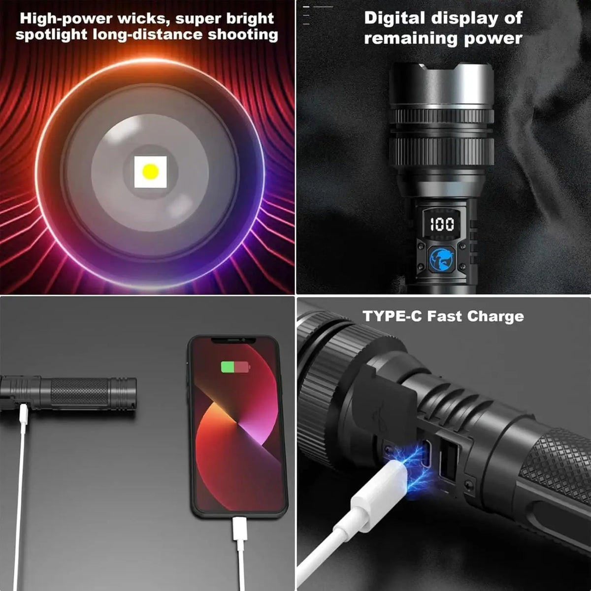 Powerful LED Flashlight Type-C Rechargeable Zoomable Torch with Digital Display Handheld Flashlights Power Bank for Outdoor Use