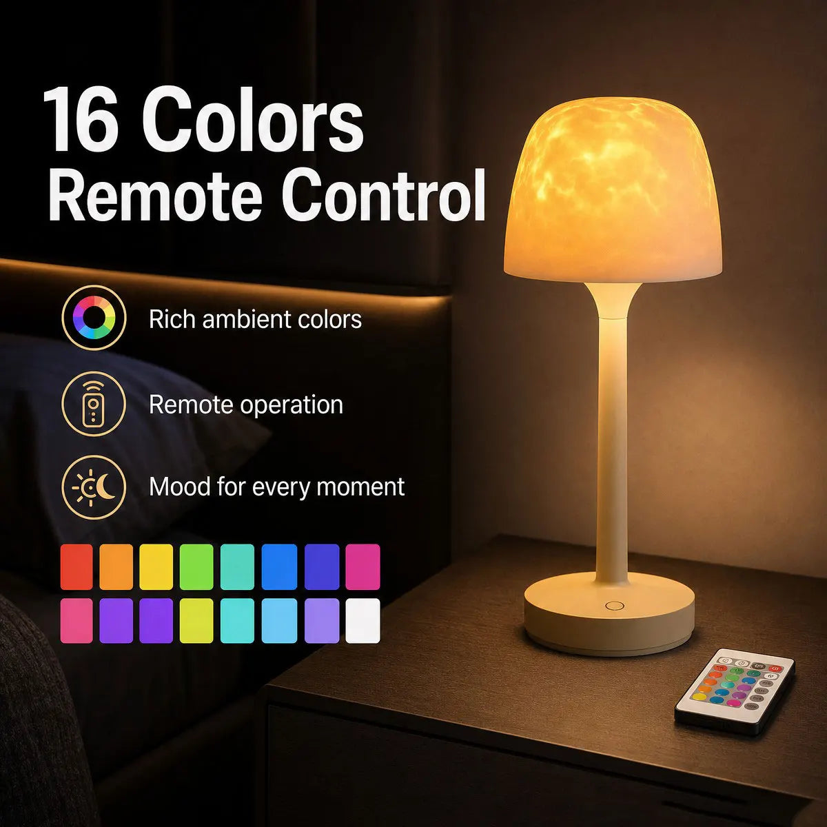 Waterproof Shower Lamp with Ocean Wave Projector for Bathroom, Cordless Rechargeable Bath Light with 16 Color Changing