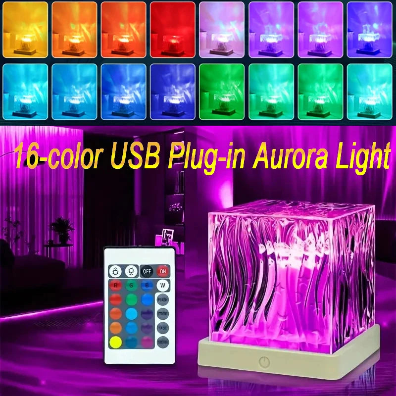 LED Ocean Wave Projector Light Aurora Lamp 16 Colors RGB Night Lights Auto Rotating USB Plug Kids Adults Gift Home Room Decor
