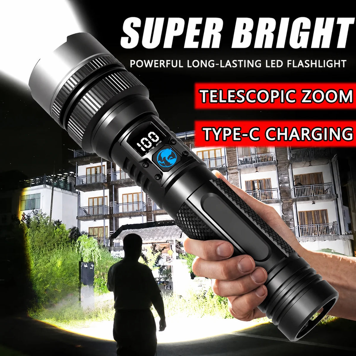 Powerful LED Flashlight Type-C Rechargeable Zoomable Torch with Digital Display Handheld Flashlights Power Bank for Outdoor Use